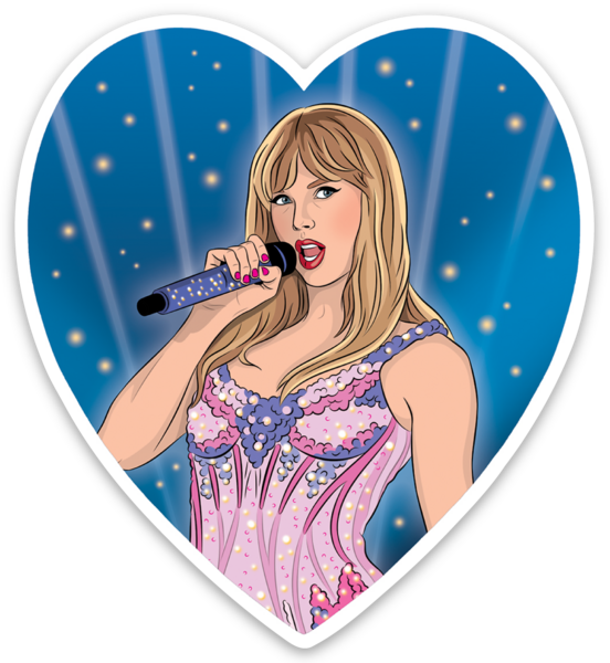 Illustration of a woman holding a microphone inside a heart-shaped border with a blue background.