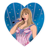 Illustration of a woman holding a microphone inside a heart-shaped frame with a blue background.