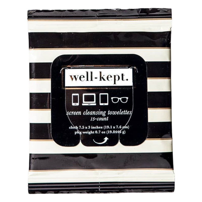 Pack of screen cleansing towelettes with 'well-kept.' branding on a black and white striped background.