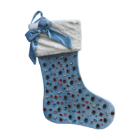 Light Blue Bejeweled Velvet Christmas Stocking with Bow