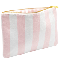 terry flat pouch, cotton terry travel pouch, beach club accessory, large makeup pouch, slim travel organizer, zippered pouch for wet swimsuits, wipe-clean pouch interior, gold hardware pouch, travel pouch gift idea, chic beach bag insert