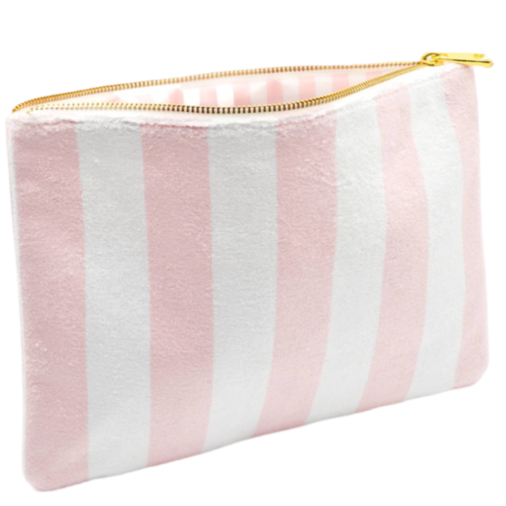 terry flat pouch, cotton terry travel pouch, beach club accessory, large makeup pouch, slim travel organizer, zippered pouch for wet swimsuits, wipe-clean pouch interior, gold hardware pouch, travel pouch gift idea, chic beach bag insert