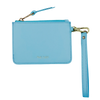Light blue wristlet with a strap on a white background