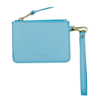 Light blue wristlet with a strap on a white background