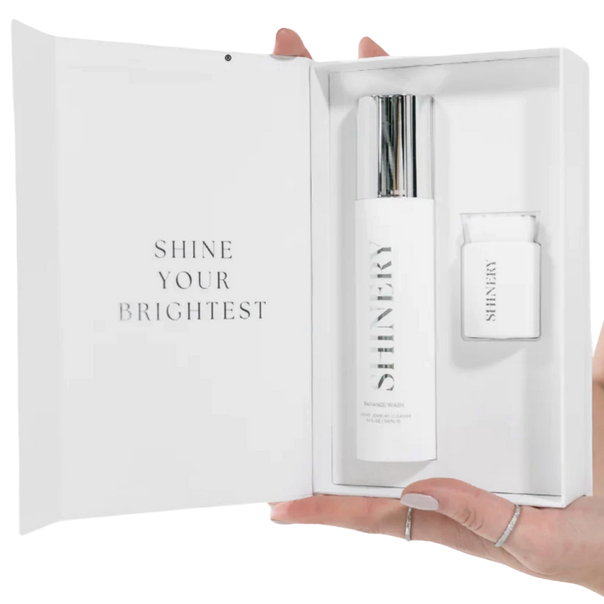 Shiny skincare product set in a white box with 'Shine Your Brightest' text.