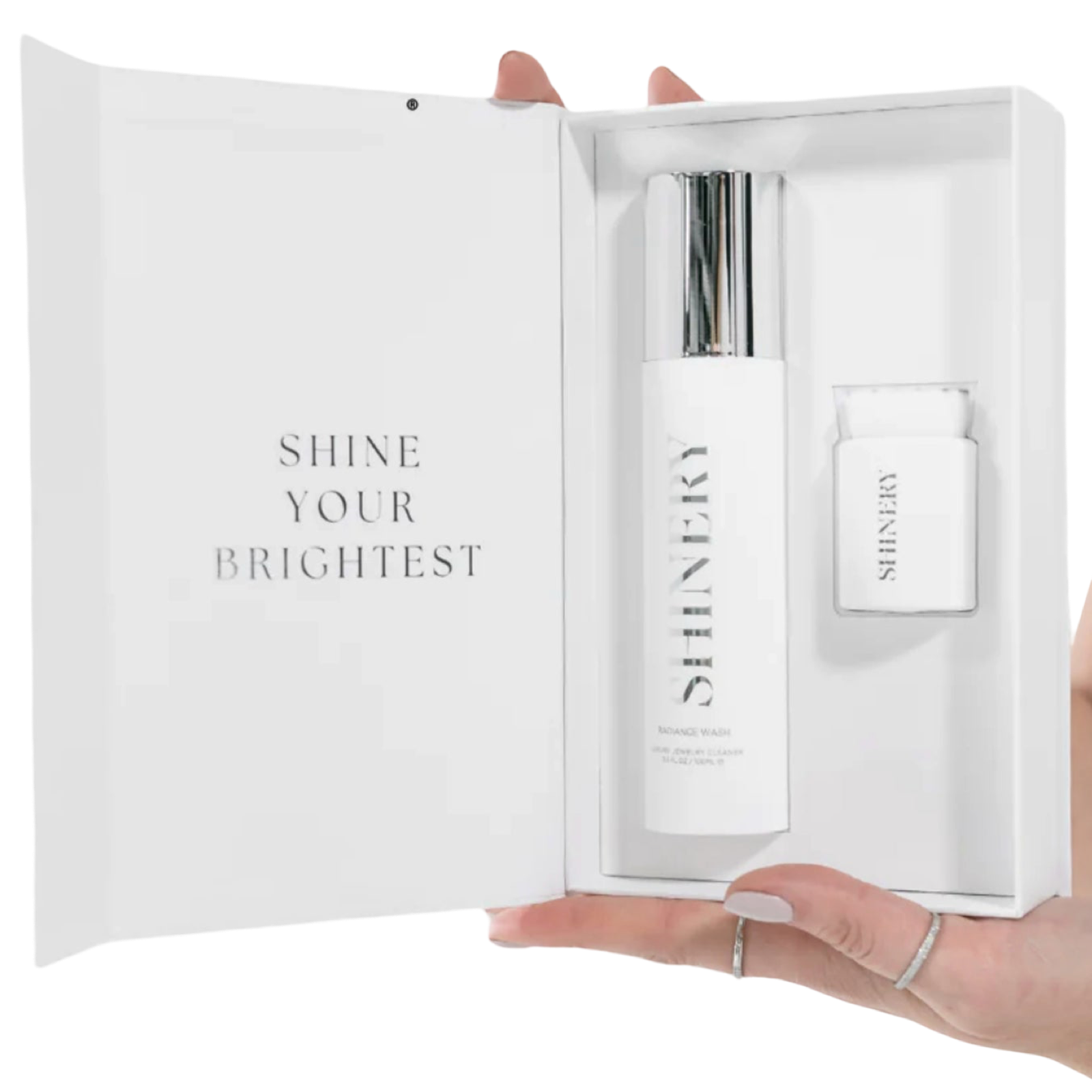 Shiny skincare product set in a white box with 'Shine Your Brightest' text.