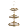 Three-tiered decorative stand with gold and glass finish on a white background