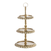 Three-tiered decorative stand with gold and glass finish on a white background