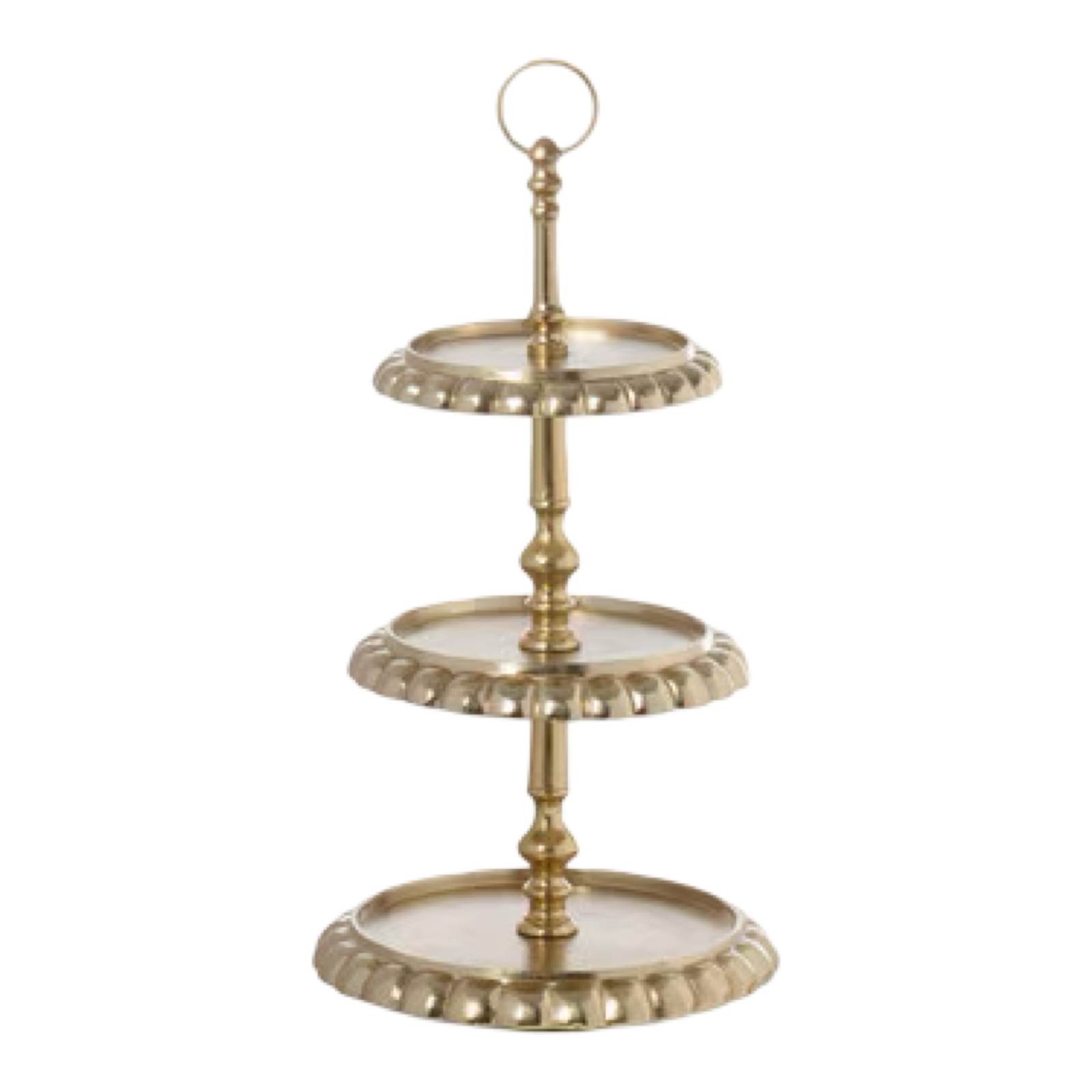Three-tiered decorative stand with gold and glass finish on a white background