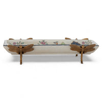 Decorative ceramic tray with wooden dragonfly handles on a white background