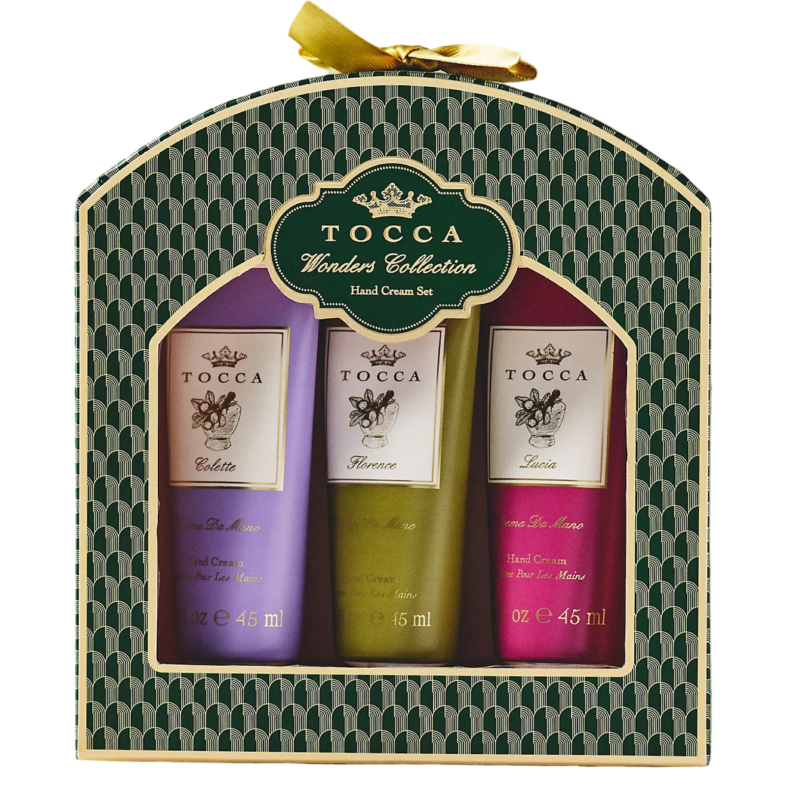 Tocca hand cream set in a decorative box with a green and gold design.