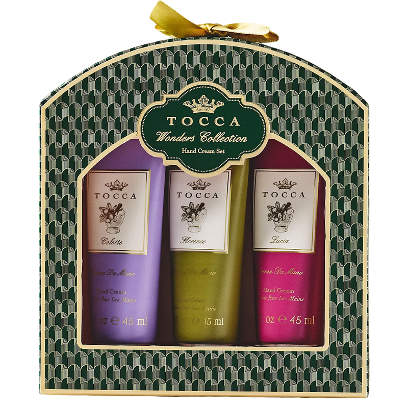 Tocca hand cream set in a decorative box with a green and gold design.
