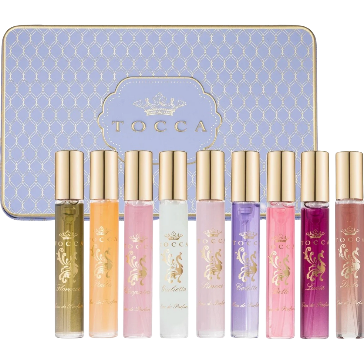 Set of Tocca perfume bottles with a decorative tin in the background