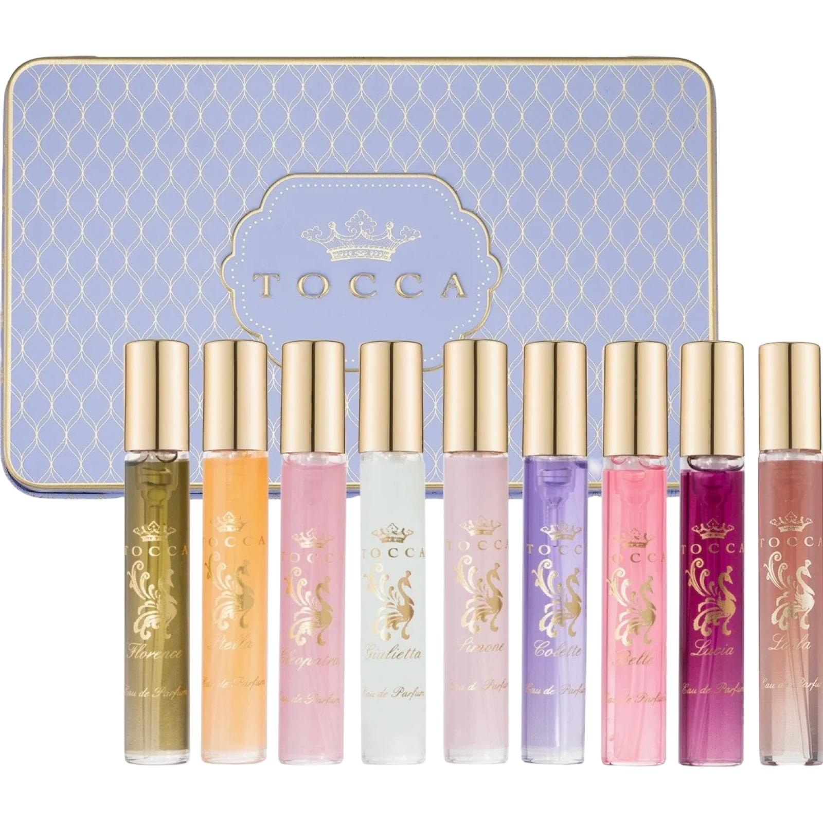 Set of Tocca perfume bottles with a decorative tin in the background