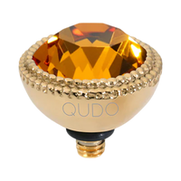 QUDO Fabero Top Gold, Green and Golden Collection, interchangeable jewelry, gold crystal topper, green crystal jewelry, yellow crystal jewelry, QUDO topper, interchangeable ring topper, stackable jewelry, Swarovski crystal jewelry, luxury fashion jewelry, collectible jewelry, boutique jewelry, interchangeable bracelet topper, colorful crystal jewelry, statement jewelry, QUDO jewelry collection