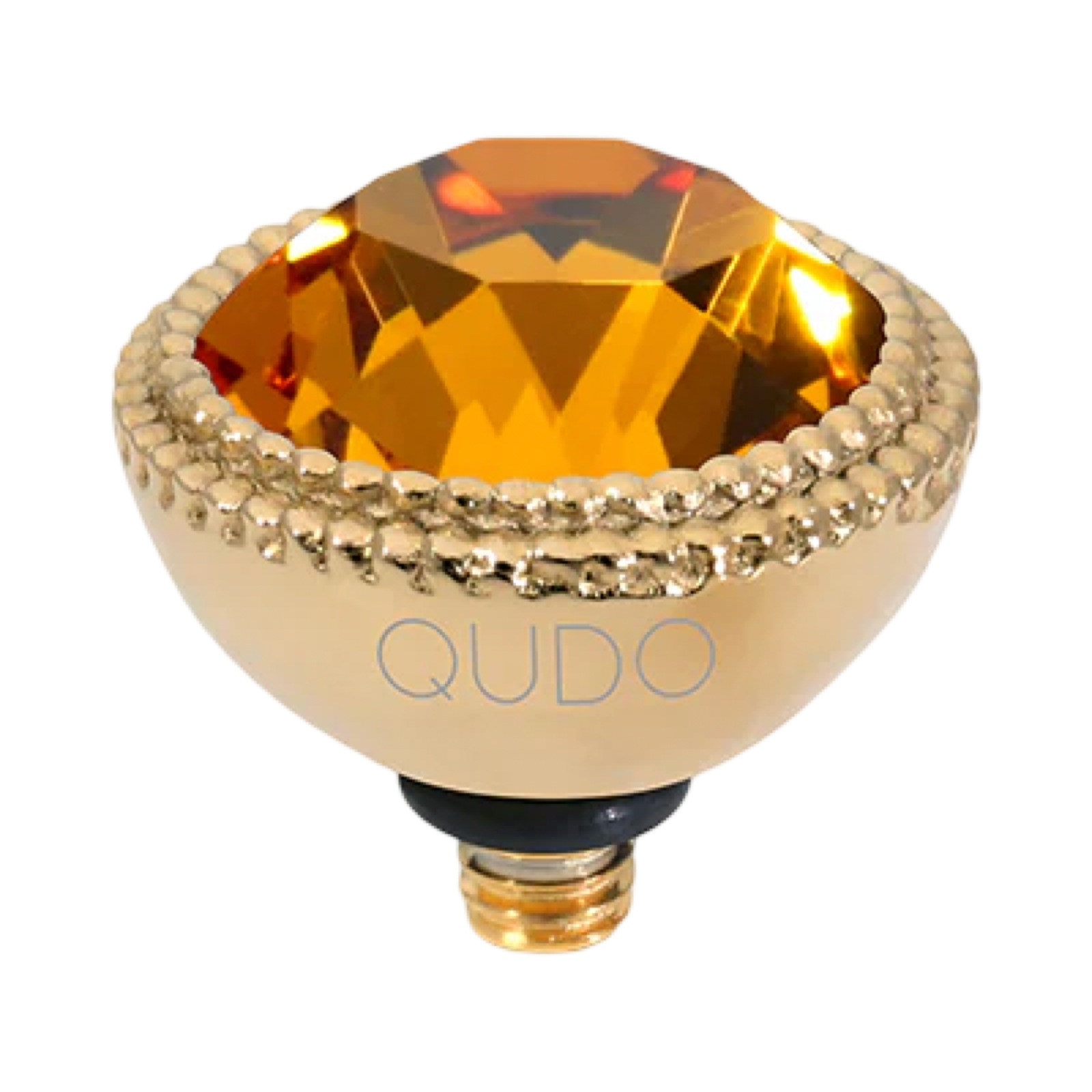 QUDO Fabero Top Gold, Green and Golden Collection, interchangeable jewelry, gold crystal topper, green crystal jewelry, yellow crystal jewelry, QUDO topper, interchangeable ring topper, stackable jewelry, Swarovski crystal jewelry, luxury fashion jewelry, collectible jewelry, boutique jewelry, interchangeable bracelet topper, colorful crystal jewelry, statement jewelry, QUDO jewelry collection