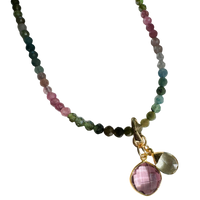 tourmaline necklace, gemstone necklace, morganite pendant, green amethyst briolette, gold filled necklace, multicolor tourmaline jewelry, Few Made Genuine Jewelry, artisan gemstone necklace