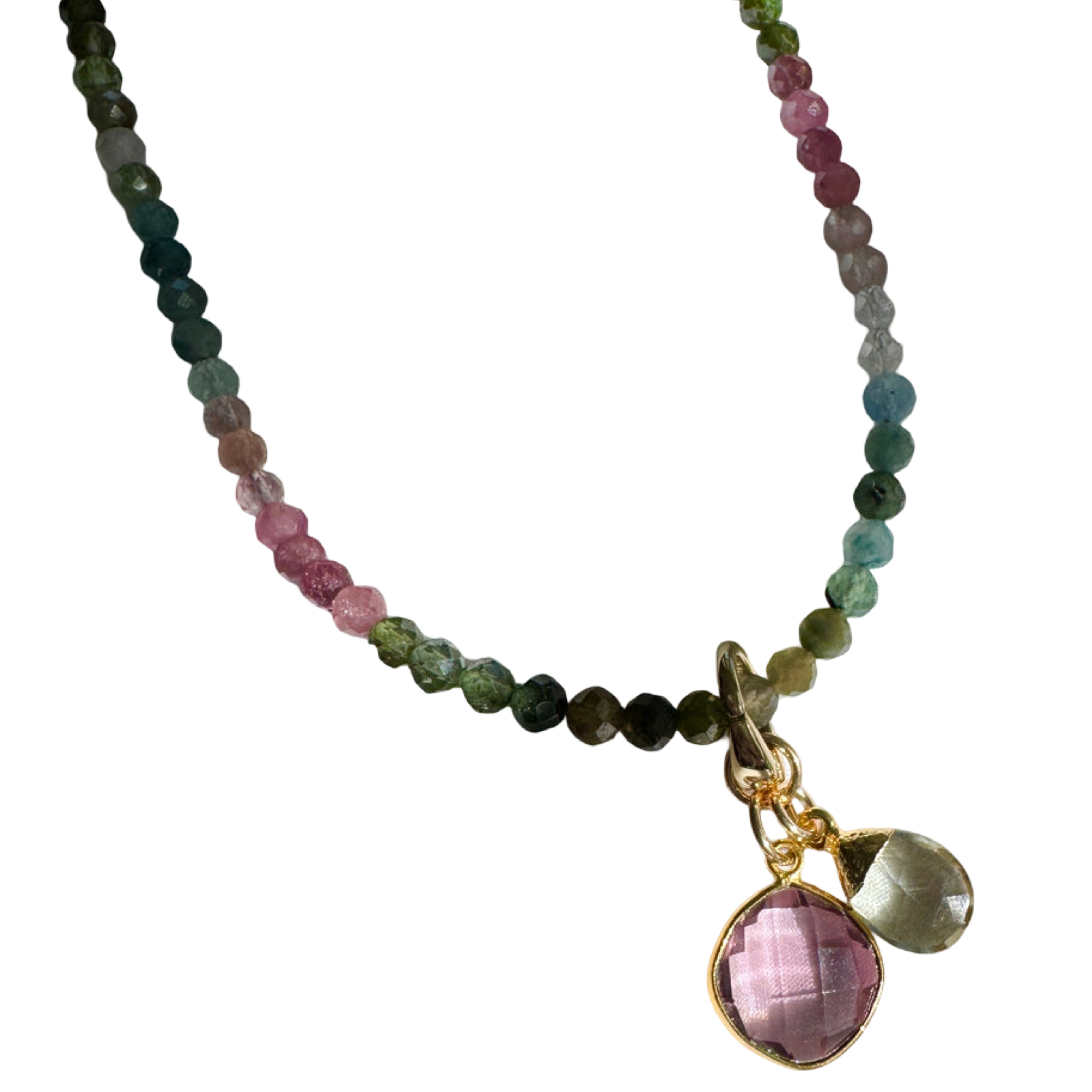 tourmaline necklace, gemstone necklace, morganite pendant, green amethyst briolette, gold filled necklace, multicolor tourmaline jewelry, Few Made Genuine Jewelry, artisan gemstone necklace