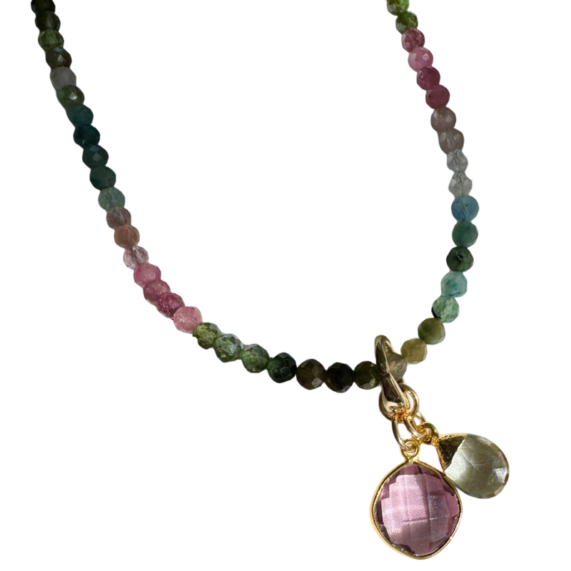 tourmaline necklace, gemstone necklace, morganite pendant, green amethyst briolette, gold filled necklace, multicolor tourmaline jewelry, Few Made Genuine Jewelry, artisan gemstone necklace