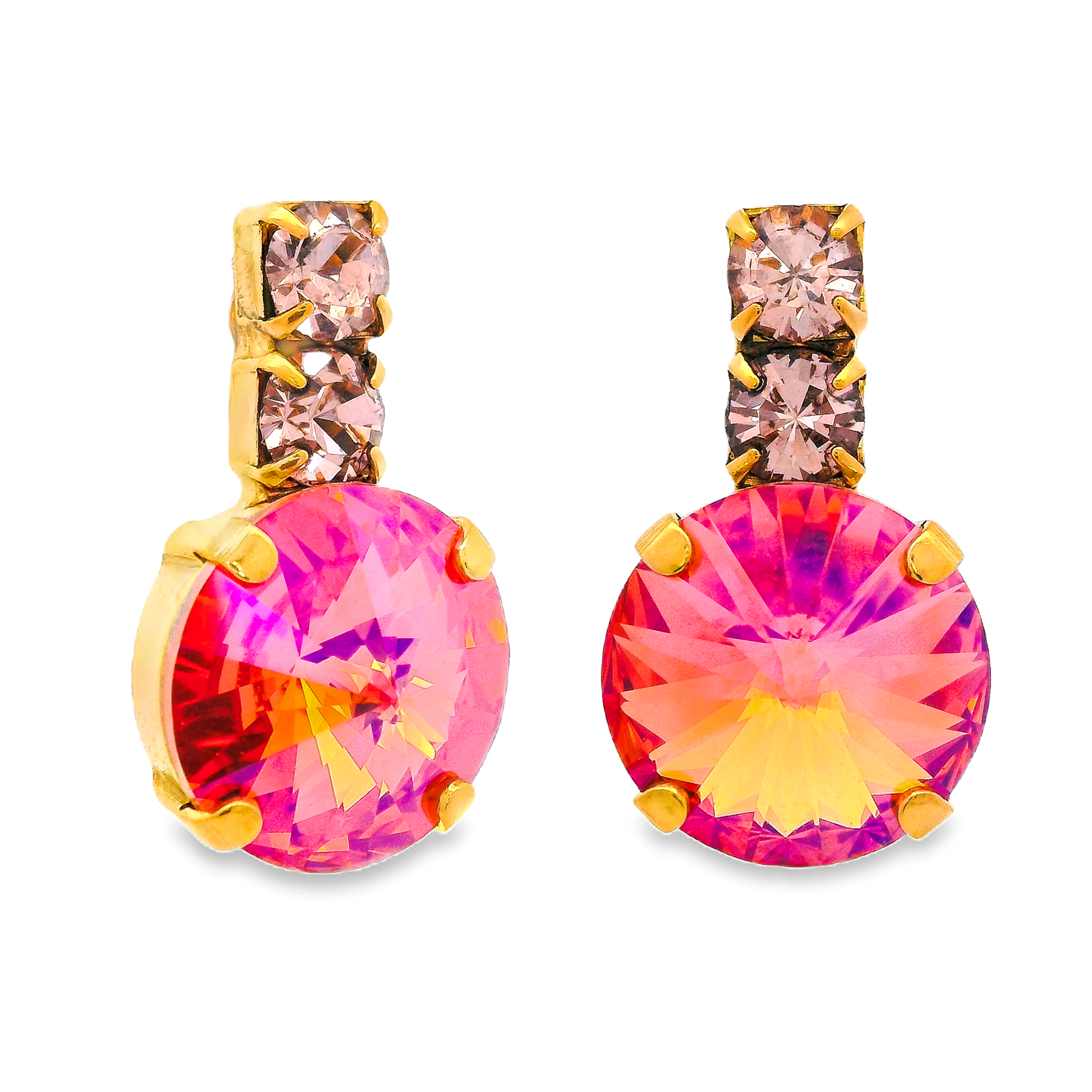 Pair of earrings with colorful gemstones on a white background