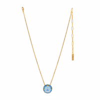 Gold necklace with a blue pendant on a white background