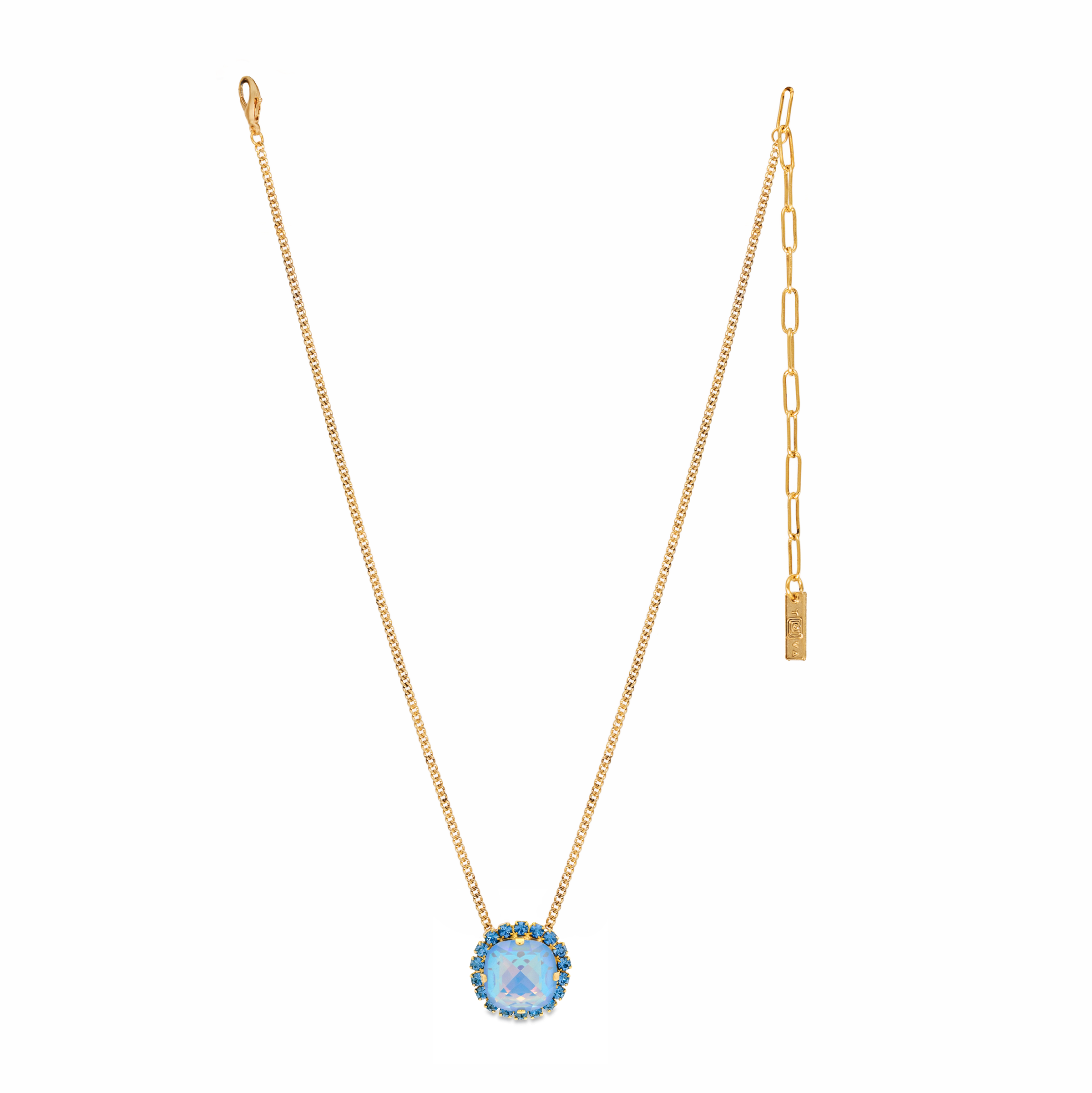 Gold necklace with a blue pendant on a white background