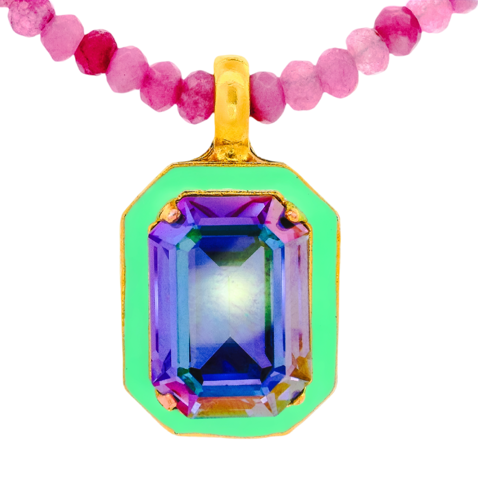 Necklace with a multicolored gemstone pendant on a white background