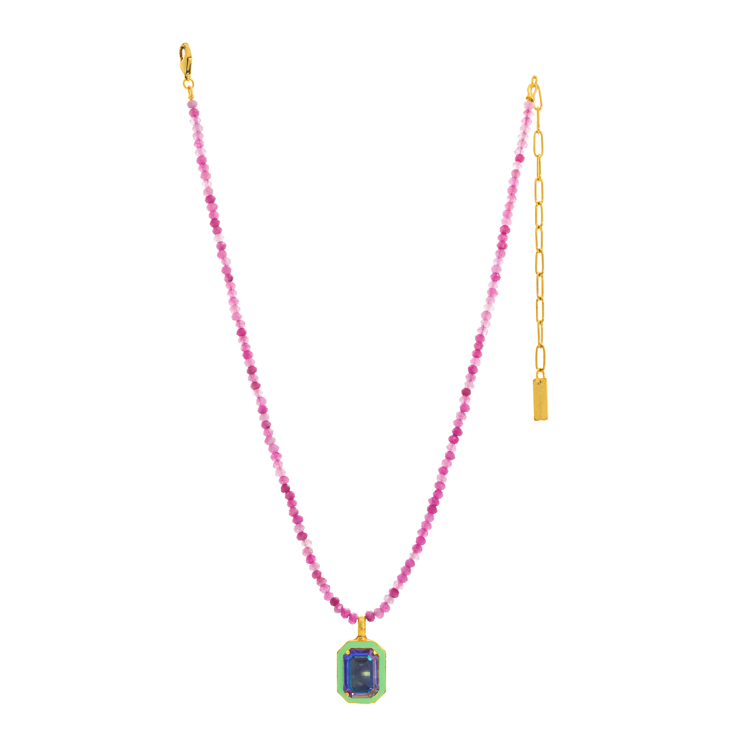 Necklace with pink beads and a colorful pendant on a white background