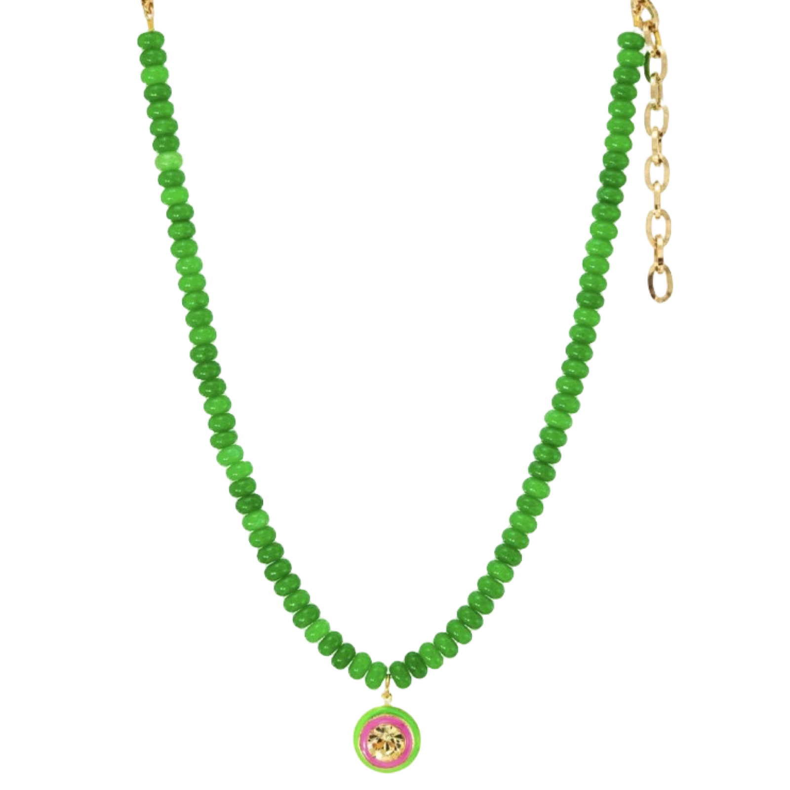 Green beaded necklace with a pink and gold pendant on a white background