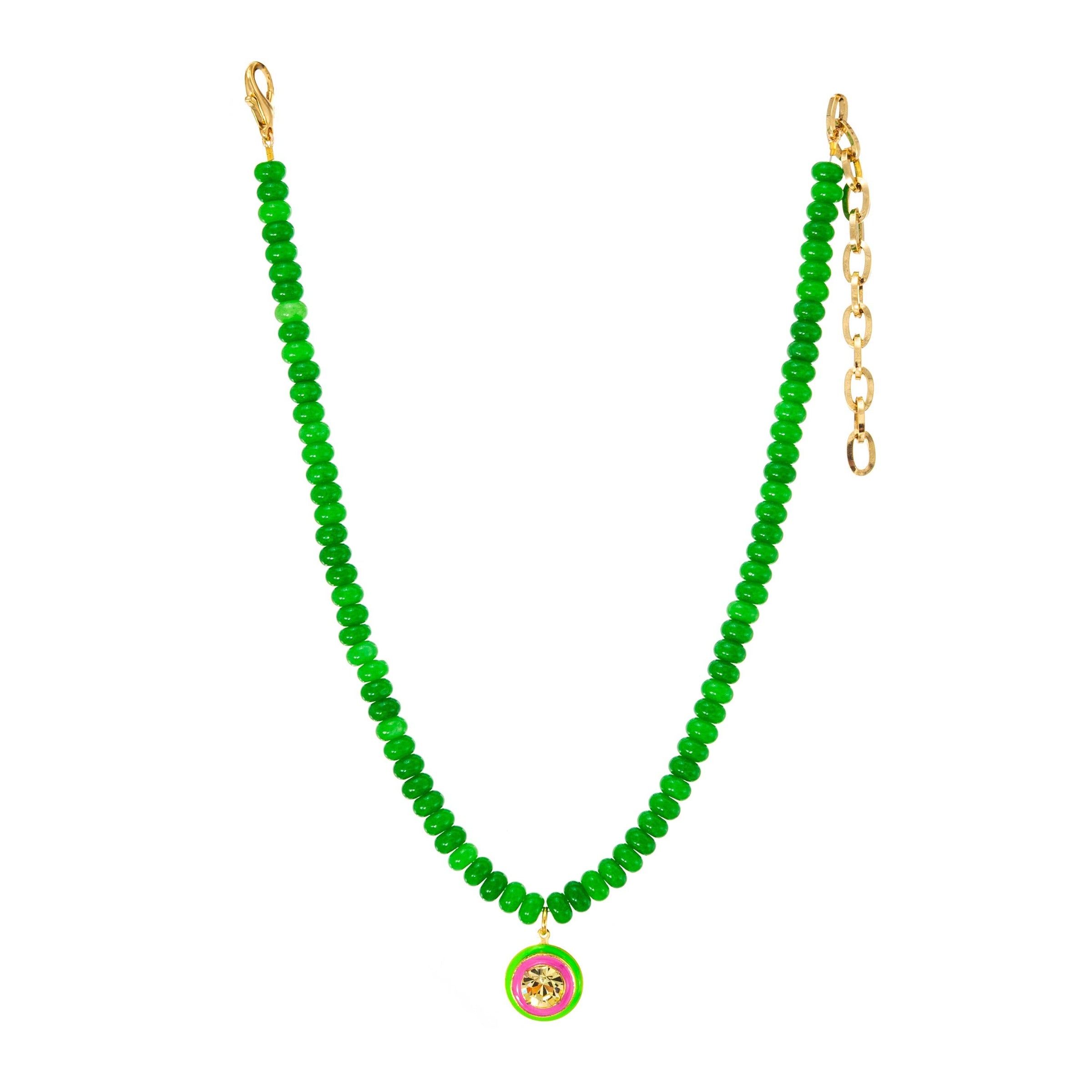 Green beaded necklace with a colorful pendant on a white background