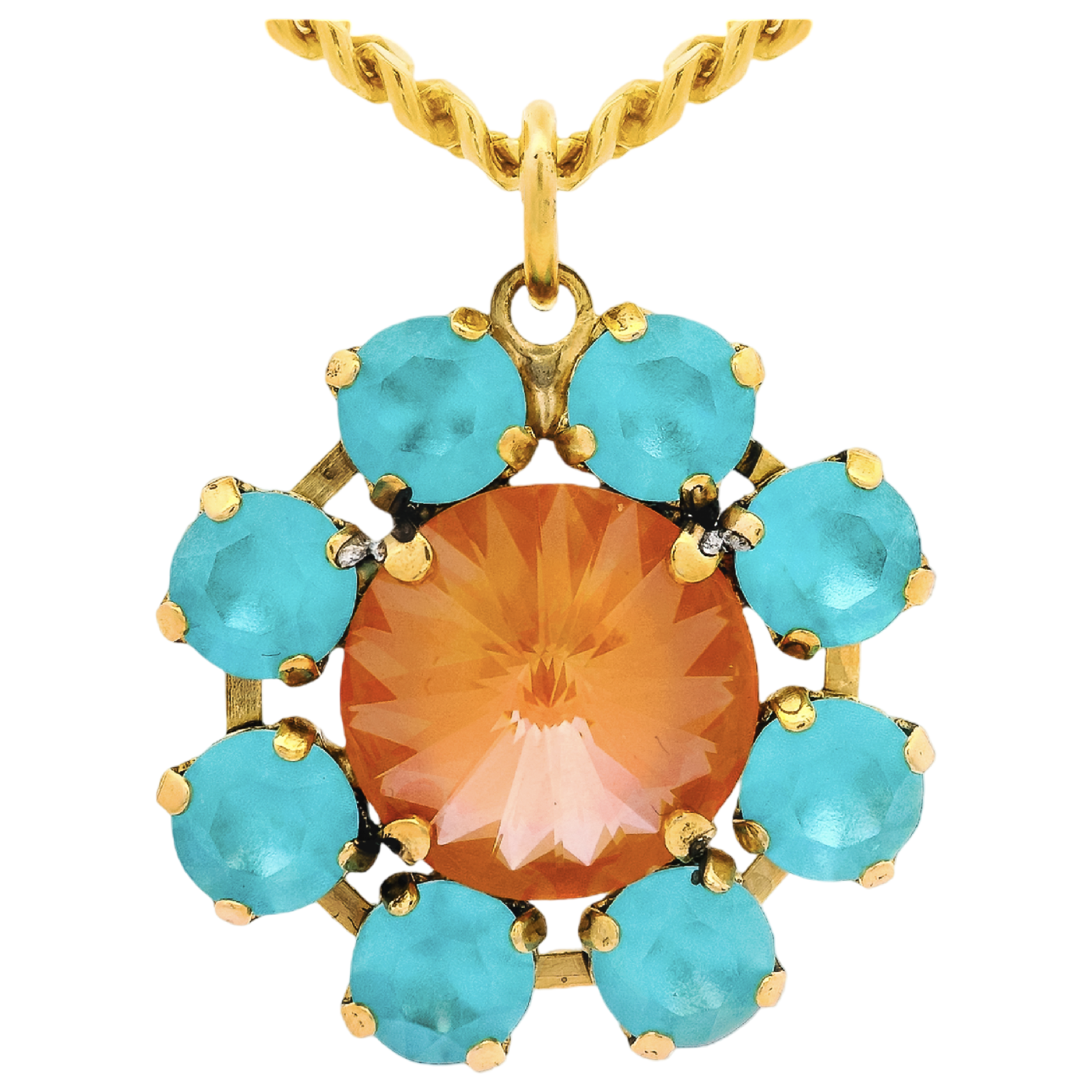 Gold pendant with orange central stone and turquoise stones on a white background