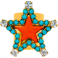Star-shaped pendant with turquoise stones, red center, and gold border on a white background