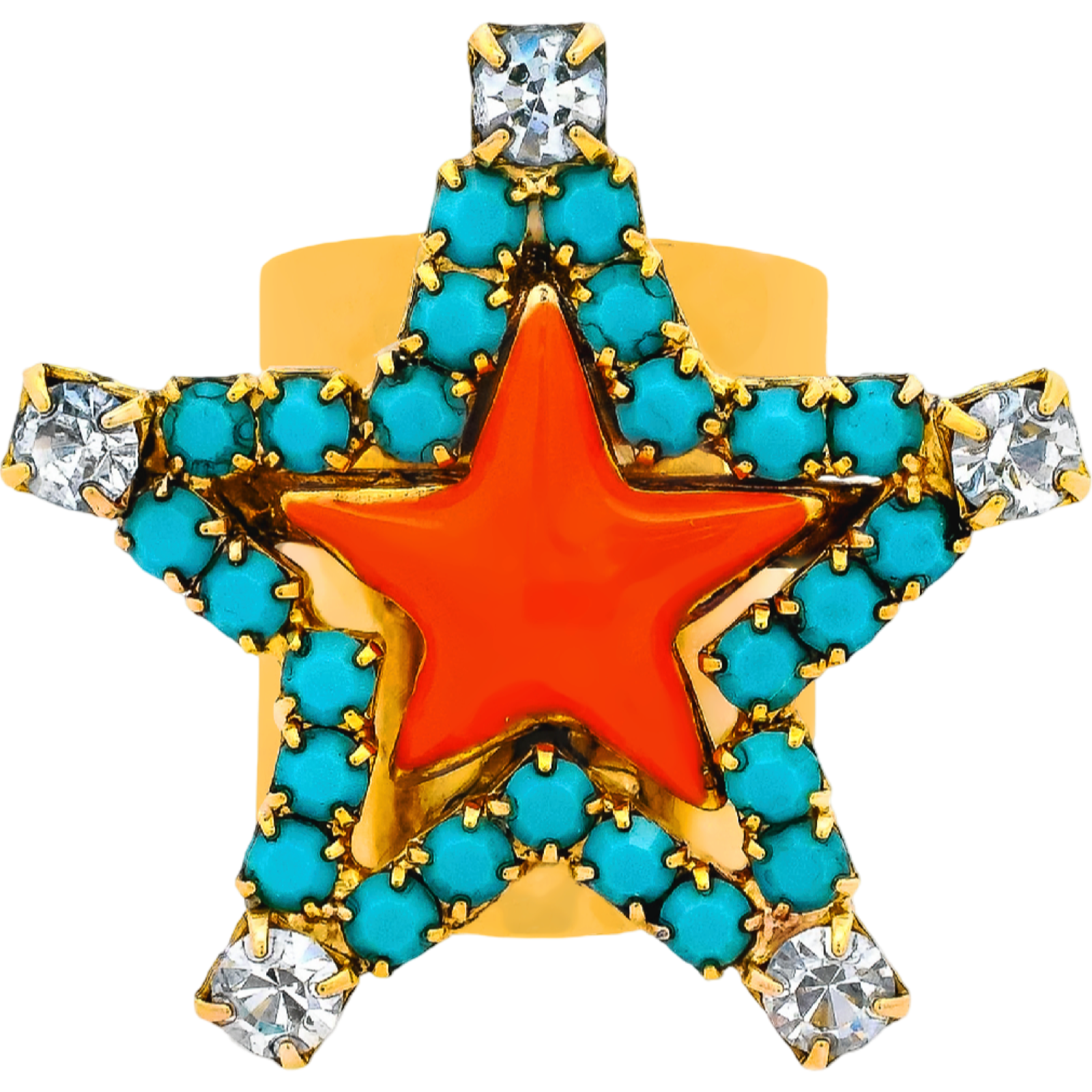 Star-shaped pendant with turquoise stones, red center, and gold border on a white background