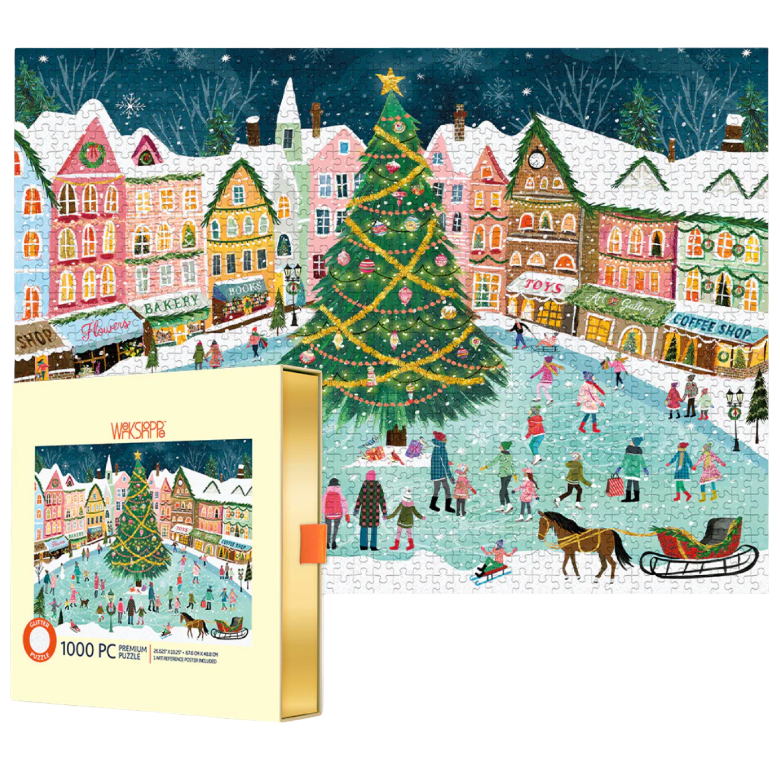 Christmas-themed puzzle with a snowy village scene, tree, and people around a lake.