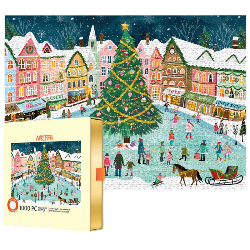 Christmas-themed puzzle with a snowy village scene, tree, and people around a lake.