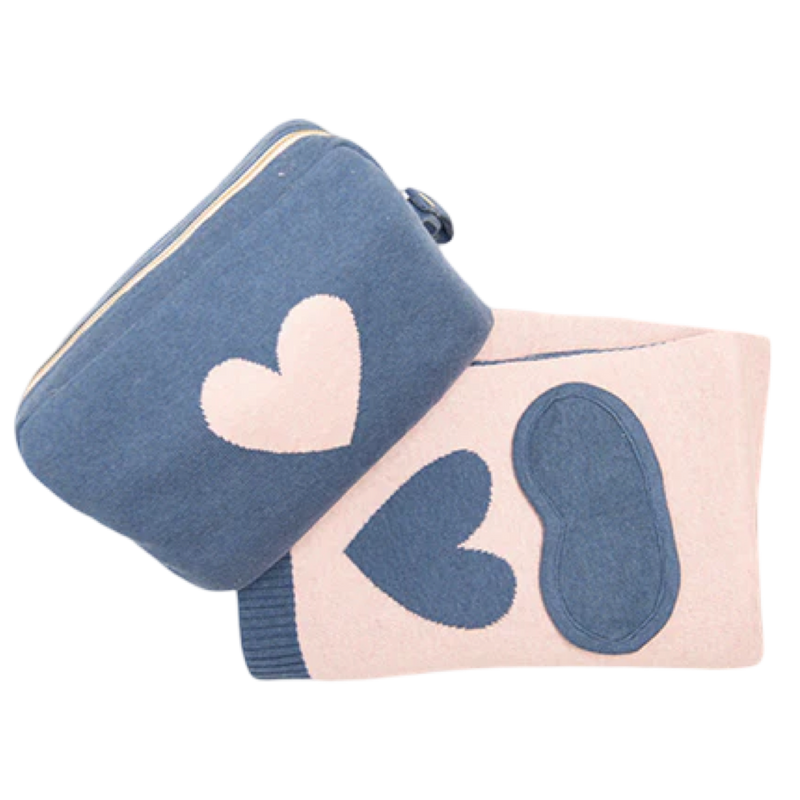 travel blanket, organic cotton blanket, reversible blanket, travel blanket set, eye mask travel set, pink lemonade blanket, hearts blanket, women’s travel gift, cozy travel accessories, airplane blanket, compact travel blanket, gift for travelers