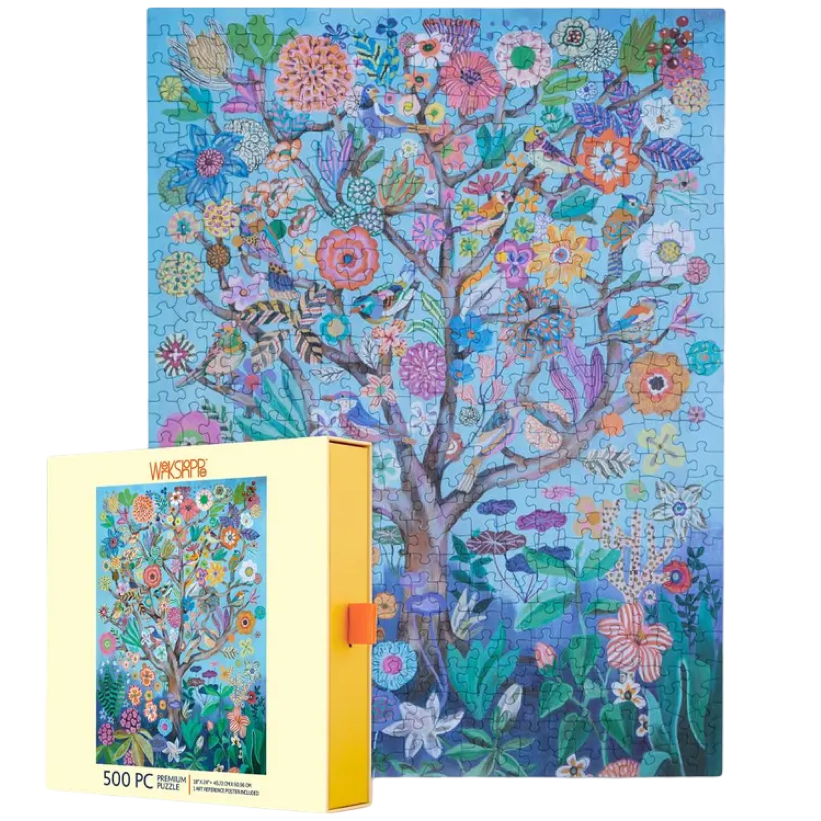 Colorful tree puzzle with a matching box on a white background