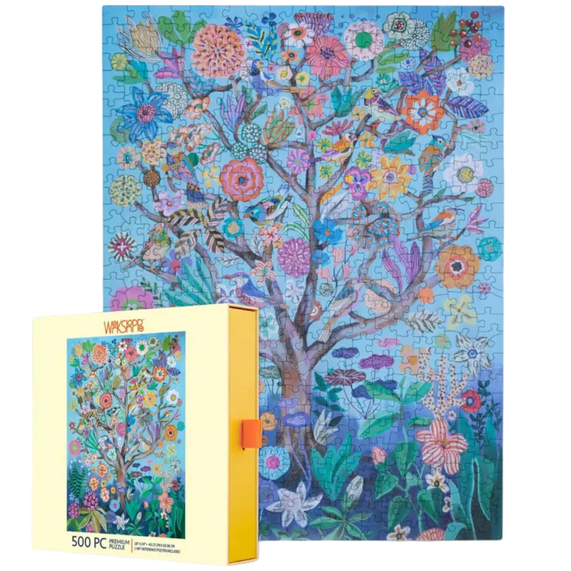 Colorful tree puzzle with a matching box on a white background