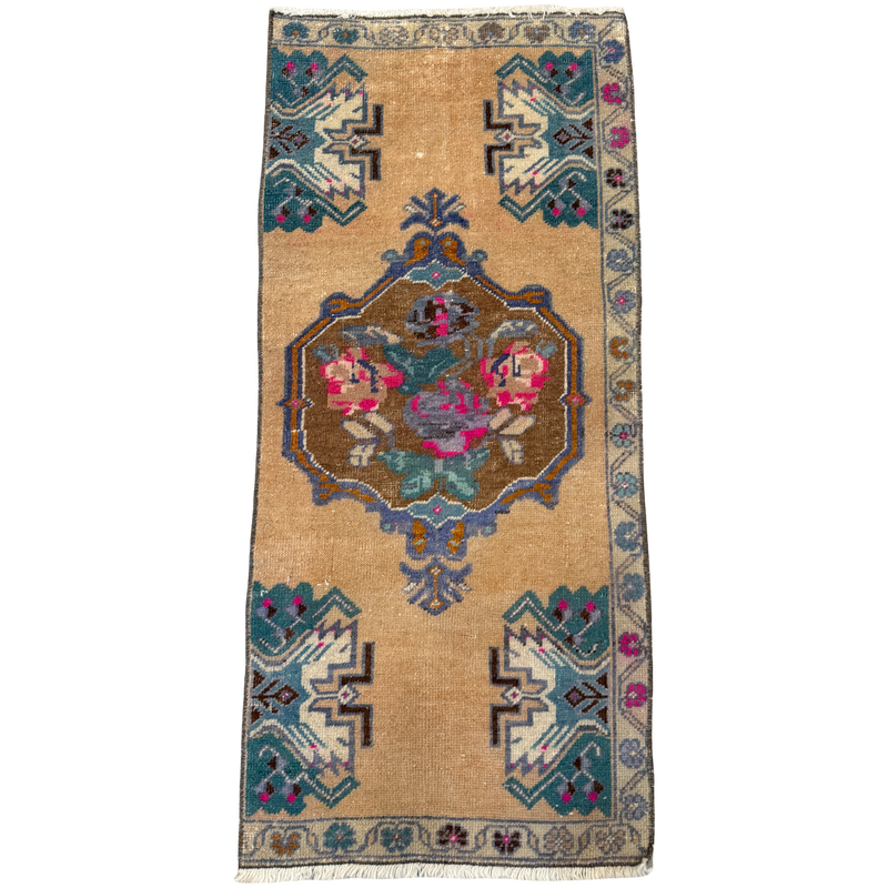 Decorative rug with geometric patterns on a beige background