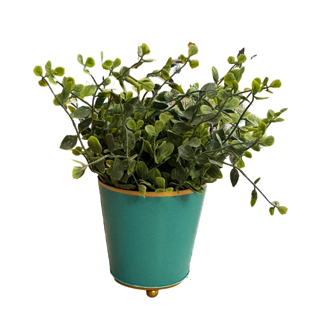 turquoise metal cachepot, 4 inch round planter, Mattie turquoise planter, small metal flower pot, colorful indoor cachepot, chic storage container, utensil holder planter, durable decorative planter, metal herb pot, pop of color home accent