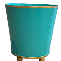 turquoise metal cachepot, 4 inch round planter, Mattie turquoise planter, small metal flower pot, colorful indoor cachepot, chic storage container, utensil holder planter, durable decorative planter, metal herb pot, pop of color home accent