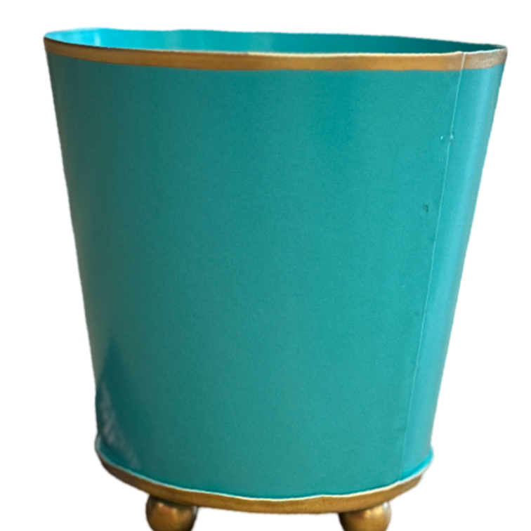 turquoise metal cachepot, 4 inch round planter, Mattie turquoise planter, small metal flower pot, colorful indoor cachepot, chic storage container, utensil holder planter, durable decorative planter, metal herb pot, pop of color home accent