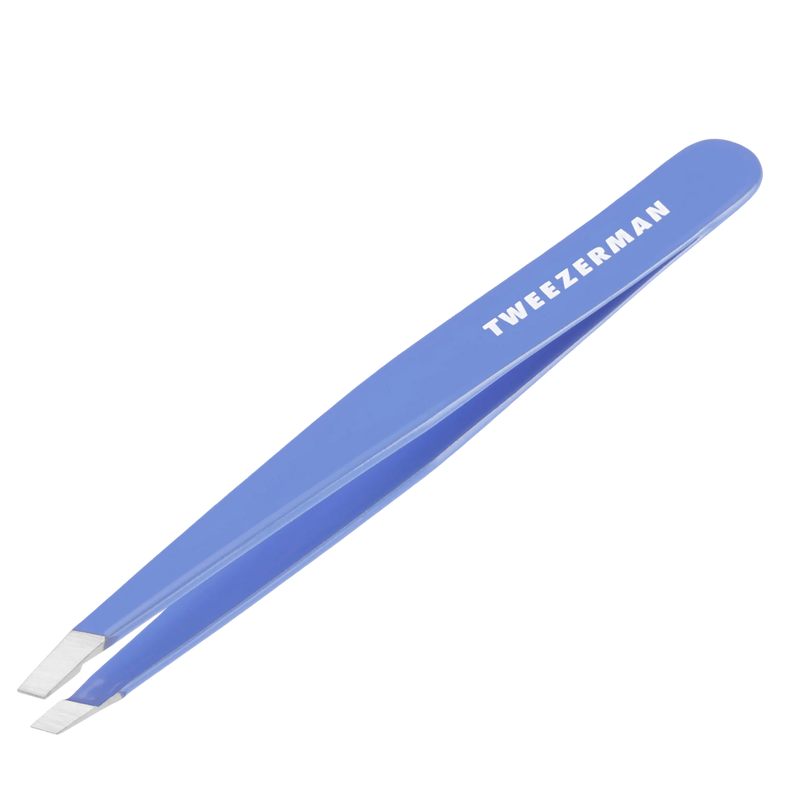 Blue tweezers with 'Tweezerman' branding on a white background