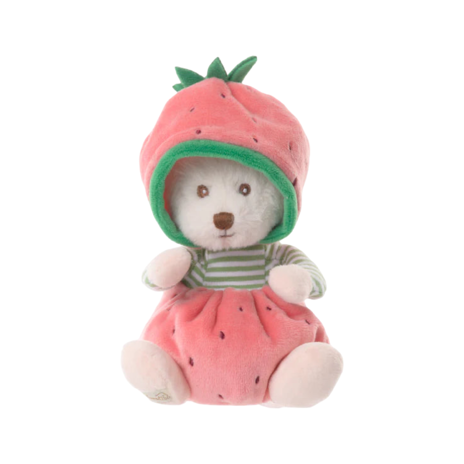 Plush toy bear wearing a strawberry costume on a white background