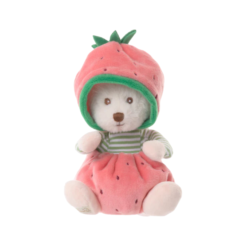 Plush toy bear wearing a strawberry costume on a white background