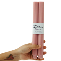 unscented mauve taper candles, soy beeswax blend candle set, mauve Rome pillar candles, hand poured clean burning candle, eco-friendly mauve candles, pastel purple candle pair, dripless natural wax candle, sculptural decorative taper candles, mauve home decor candles, sustainable romantic candles