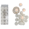 Set of 20 unlit white tealight candles with a 'flaire' packaging on a white background.