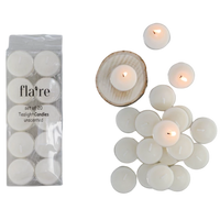 Set of 20 unlit white tealight candles with a 'flaire' packaging on a white background.
