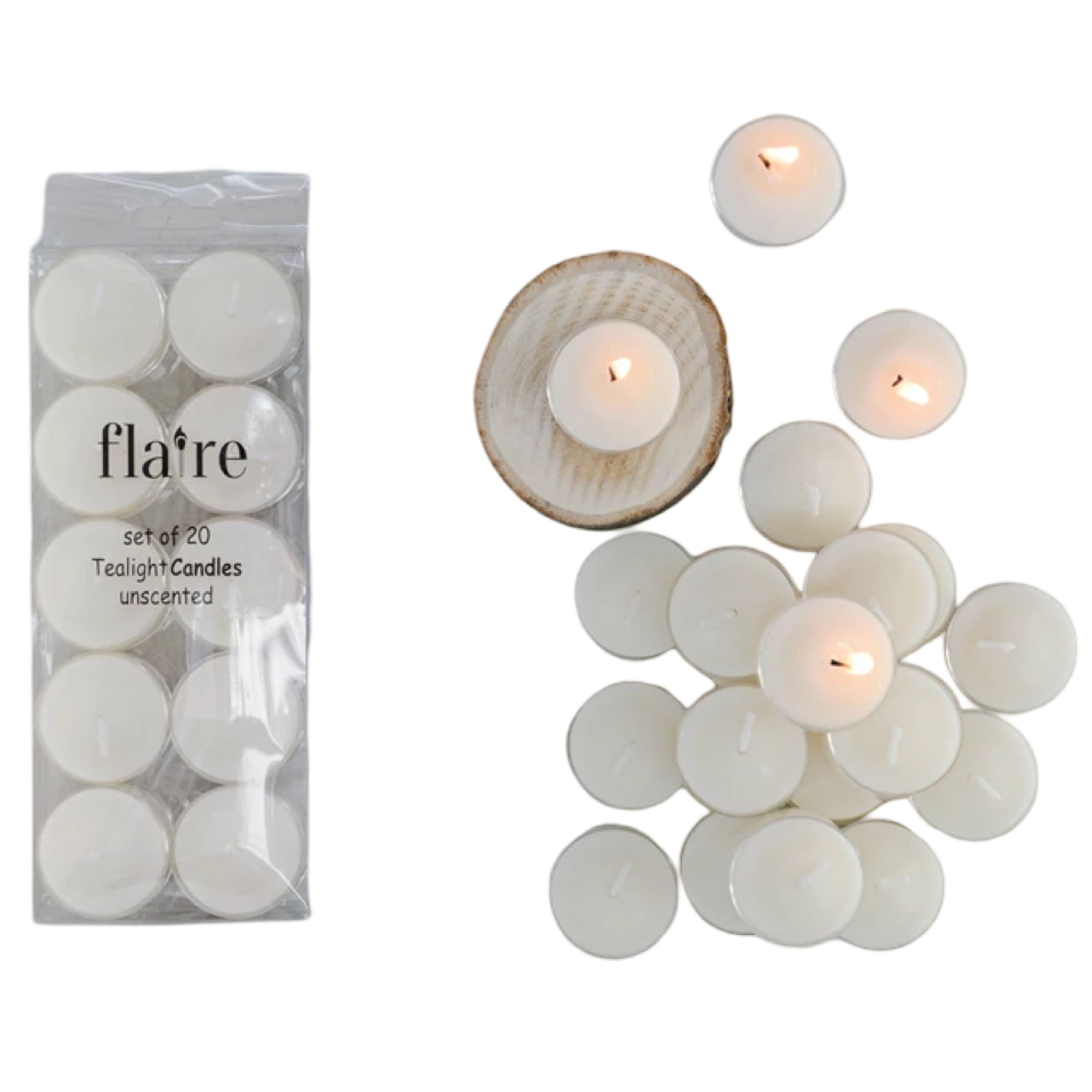 Set of 20 unlit white tealight candles with a 'flaire' packaging on a white background.