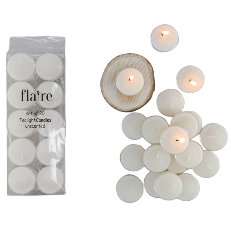 Set of 20 unlit white tealight candles with a 'flaire' packaging on a white background.